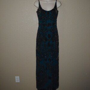 Sz 4 Badgley Mischka Black Blueish Green Beaded Long Formal Dress